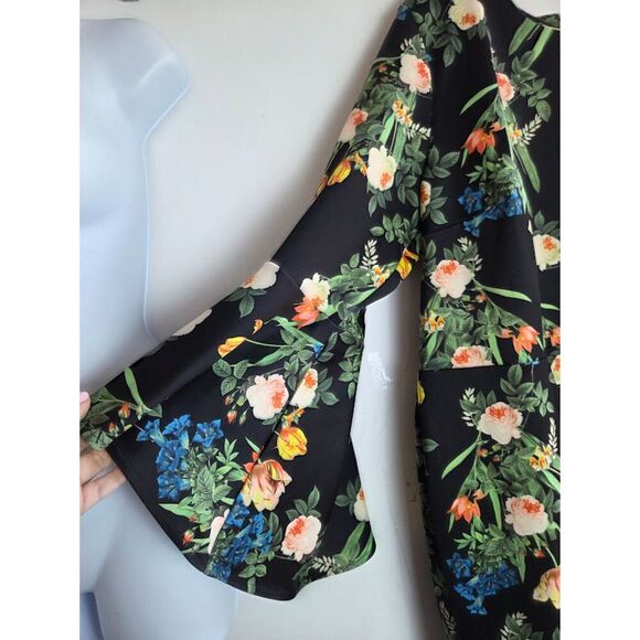 Eloquii Black w/Multicolor Floral Print Flare Sleeve Midi Cocktail Dress size 20 - Picture 3 of 9